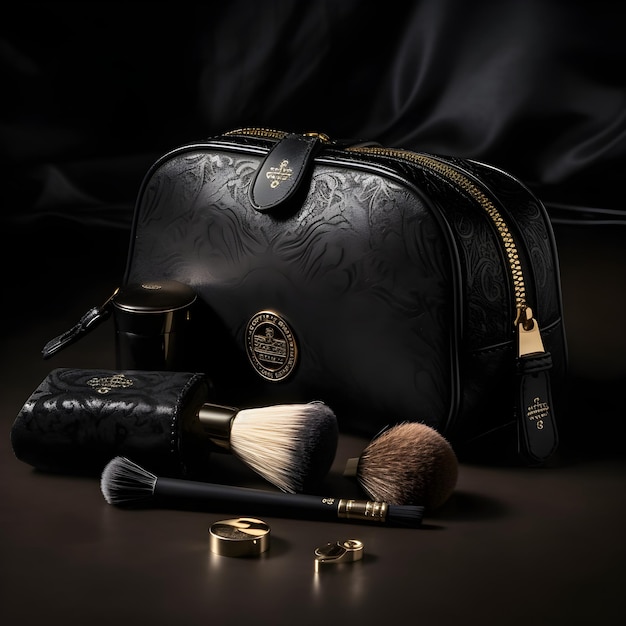 Eine schwarze Tasche mit einem goldenen Logo darauf und einem Make-up-Pinsel an der Seite.