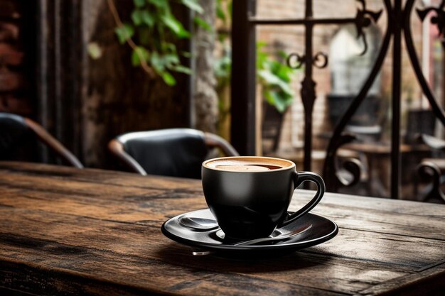 Eine schwarze Tasse heißen Kaffees auf dem Tisch im Café