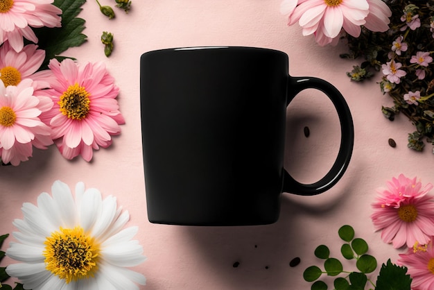 Eine schwarze Tasse mit rosa Blumen auf rosa Hintergrund