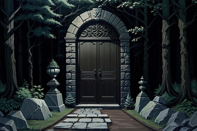 eine schwarze Tür, ein dunkles Waldgebiet
