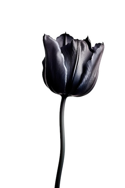 Eine schwarze Tulpe mit weißem Hintergrund.