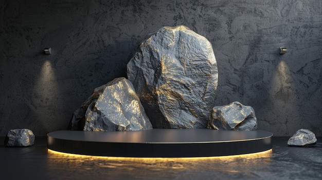 Eine schwarze und goldene Naturmarmorplattform, umgeben von Felsen mit dramatischer Beleuchtung