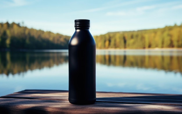 Eine schwarze undurchsichtige Wasserflasche ruht auf einem Holzdeck mit einem ruhigen See