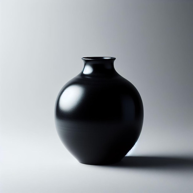eine schwarze Vase mit einem Schatten auf dem Boden