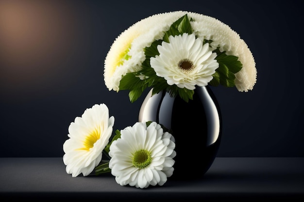 Eine schwarze Vase mit weißen Blumen darauf