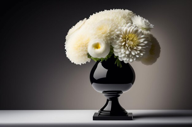 Eine schwarze Vase mit weißen Blumen darin und einer grünen Blume in der Mitte.