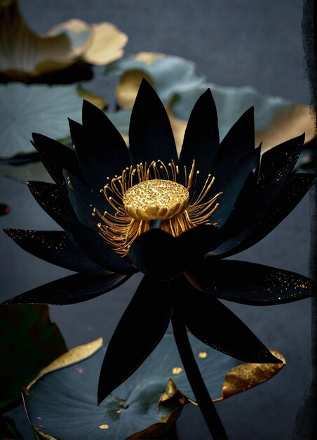 eine schwarze Wasserlilie mit goldenen Blättern und einem schwarzen Hintergrund