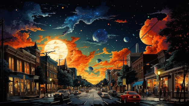 eine Schwarzlichtillustration „Nashville, Tennessee bei Nacht“, Holzschnitt-Gravurdruck in satten Farben