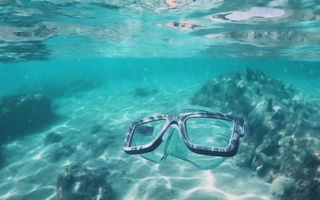 Eine Schwimmbrille schwimmt im Meer.