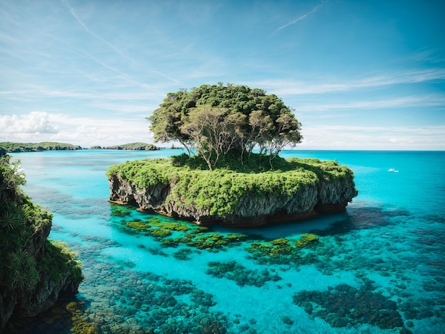 Foto eine schwimmende insel mit üppigem grün über türkisfarbenem wasser