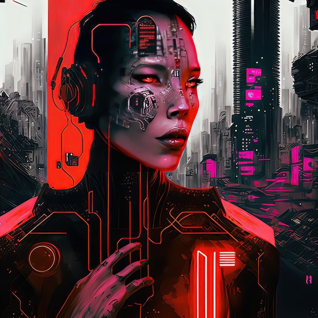 Eine Scifi-Cyborg-Frau Scifi-Samurai-Cyborg-Mädchen Ein junges Mädchen in einem futuristischen gepanzerten Anzug vor dem Hintergrund einer nächtlichen Stadt 3D-Rendering Illustrationsmalerei im digitalen Kunststil