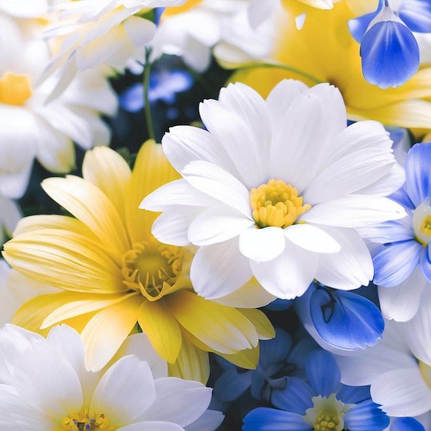 Eine sehr breite Aufnahme von Blumen in den Farben Gelb, Blau und Weiß