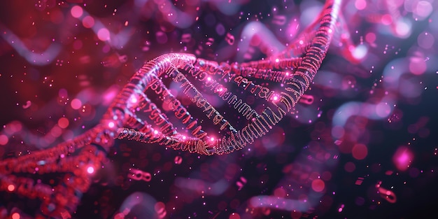 Eine sehr genaue Illustration von DNA mit einem dunklen Hintergrund, einem medizinischen Hintergrund oder einem Forschungsbanner mit einem Raum, einer generativen KI
