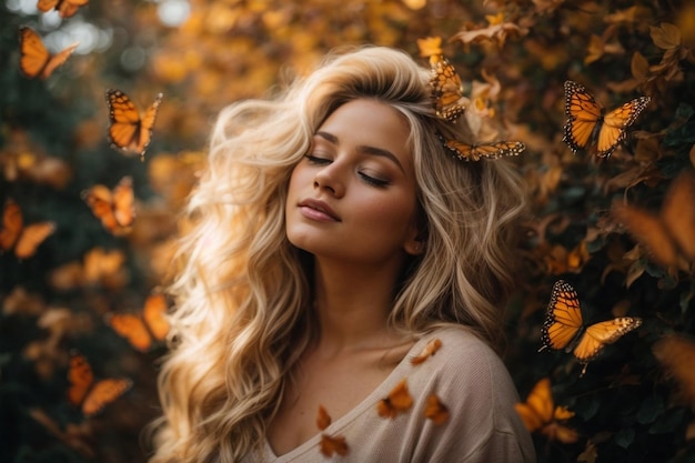 Foto eine sehr hübsche blonde frau mit wunderschönen herbstschmetterlingen in ihren haaren diese schmetterlinge herum