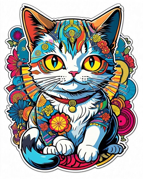 Eine sehr lebendige digitale Illustration eines spielerischen Katzenstickers im Stil der japanischen Pop-Art