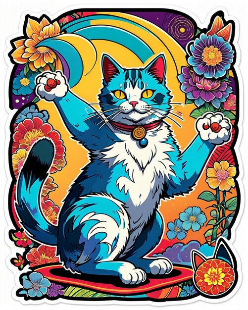 Eine sehr lebendige digitale Illustration eines spielerischen Katzenstickers im Stil der japanischen Pop-Art