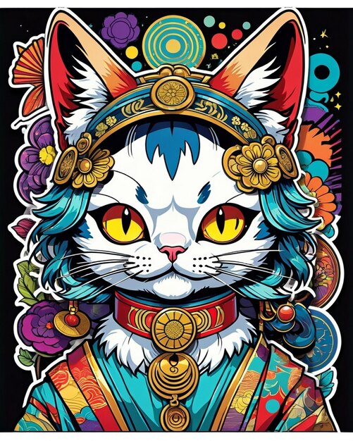 Eine sehr lebendige digitale Illustration eines spielerischen Katzenstickers im Stil der japanischen Pop-Art