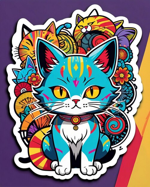 Eine sehr lebendige digitale Illustration eines spielerischen Katzenstickers im Stil der japanischen Pop-Art