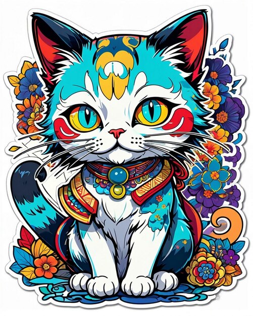 Eine sehr lebendige digitale Illustration eines spielerischen Katzenstickers im Stil der japanischen Pop-Art