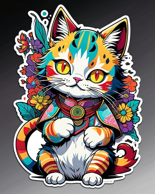 Eine sehr lebhafte digitale Illustration eines spielerischen Katzen-Aufkleber im Stil der japanischen Pop-Art
