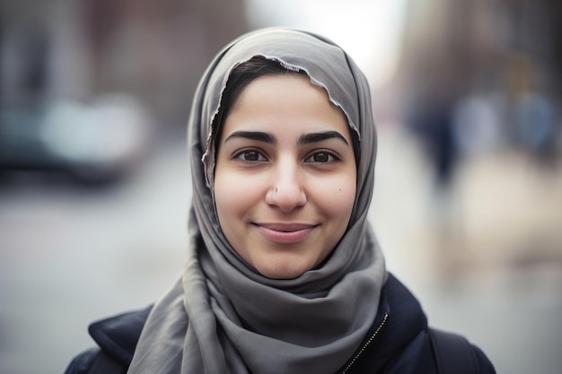 Eine sehr schöne junge Frau mit einem Hijab, der ihren Kopf bedeckt. Generative KI