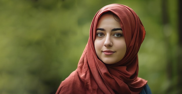 Eine sehr schöne junge Frau mit einem Hijab, der ihren Kopf bedeckt. Generative KI