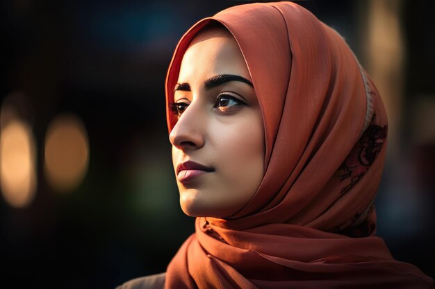 Eine sehr schöne junge Frau mit einem Hijab, der ihren Kopf bedeckt. Generative KI