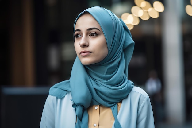 Eine sehr schöne junge Frau mit einem Hijab, der ihren Kopf bedeckt. Generative KI