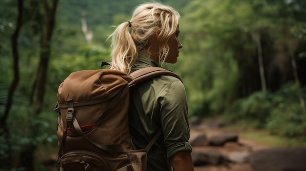 Eine sehr schöne, sinnliche blonde 24-jährige Frau vor einem Dschungel-Hintergrund mit Rucksack-Rückblick