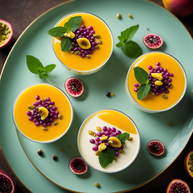 eine seidige Mango-Kokos-Panna Cotta, garniert mit leuchtenden Passionsfruchtkernen und einem Zweig Minze