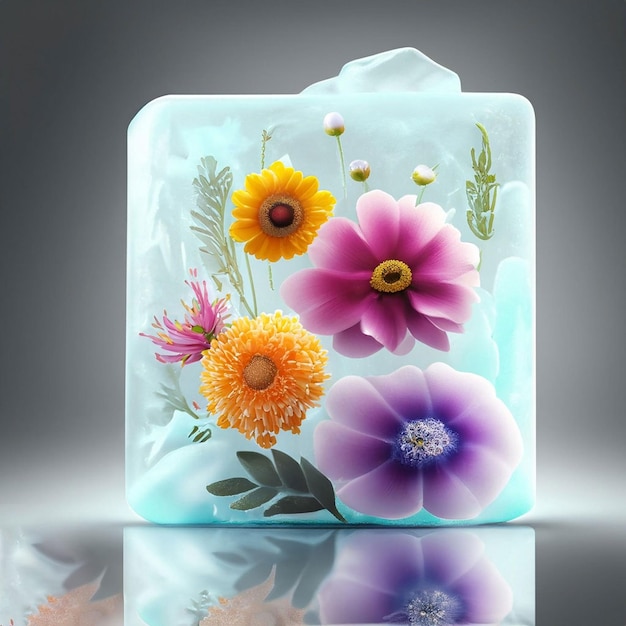 Eine Seifenschale aus Glas mit Blumen darauf