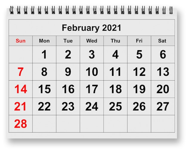 Eine Seite des jährlichen Monatskalenders - Monat Februar 2021