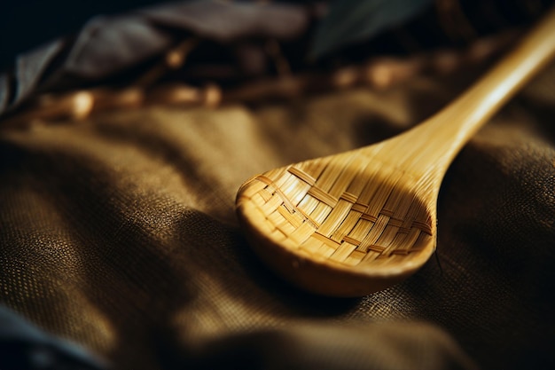 Eine Seitenansicht einer traditionellen japanischen Chashaku-Teeschüssel, die auf einem Leinentuch gelegt ist