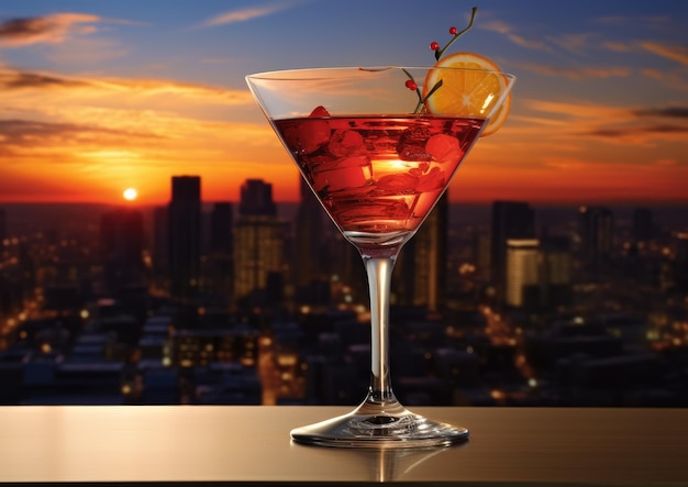 Eine Seitenansicht eines Kamikaze-Cocktailglases mit einer Stadtsilhouette im Hintergrund, die an eine lebhafte Stadt erinnert