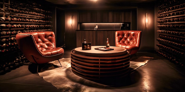Eine Seitenansicht eines modernen Weinkellers mit individueller Lagerung und Sitzgelegenheiten in schickem und anspruchsvollem Design