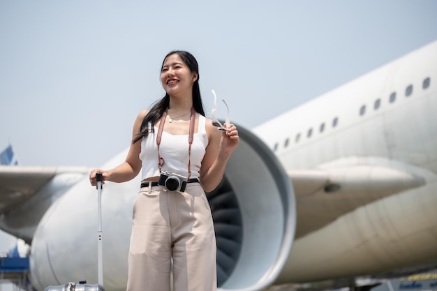 Eine selbstbewusste asiatische Touristin in Gelegenheitskleidung trägt ihr Gepäck und geht auf der Landebahn