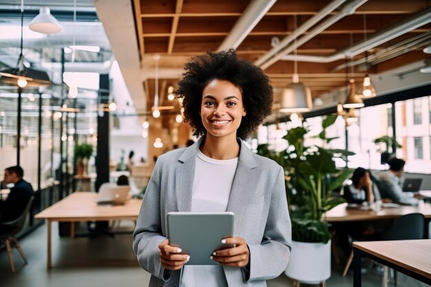 eine selbstbewusste Frau in einem modernen Coworking-Raum