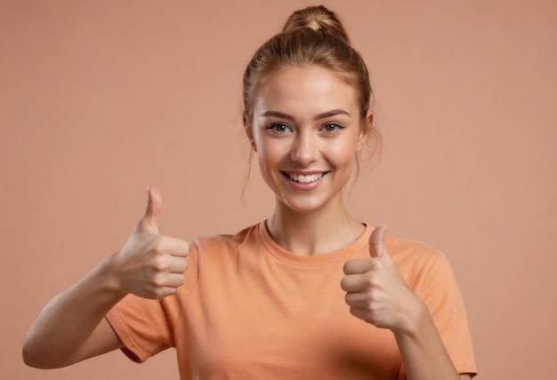 Foto eine selbstbewusste frau in einem orangefarbenen oberteil zeigt zwei daumen hoch. ihr glänzendes lächeln vermittelt positivität.