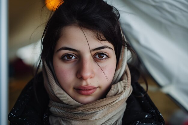 Foto eine selbstbewusste junge flüchtlingin strahlt hoffnung aus in einer vorübergehenden unterkunft, die die widerstandsfähigkeit symbolisiert