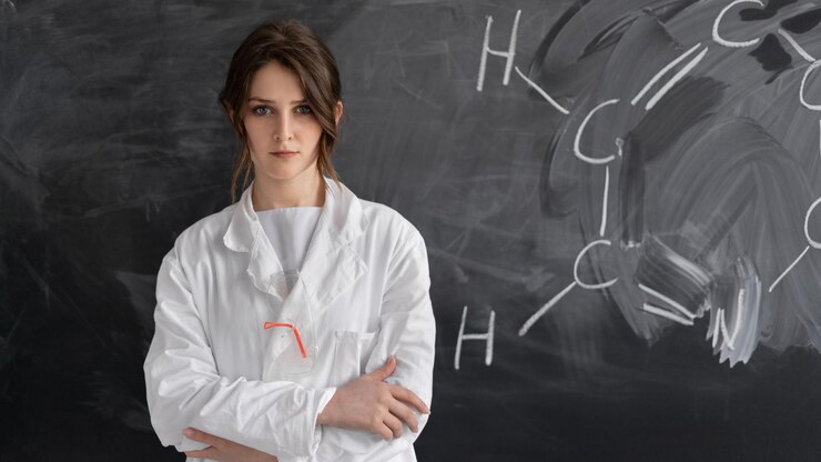 Foto eine selbstbewusste kaukasische dame steht vor dem hintergrund einer kreidetafel, die in ein weißes gewand gekleidet ist chemielehrer oder tutor kopieren platz platz für ihren text
