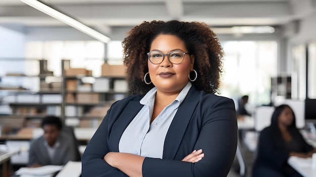 Eine selbstbewusste, übergroße Frau mit Brille, die eine produktive Büroumgebung leitet