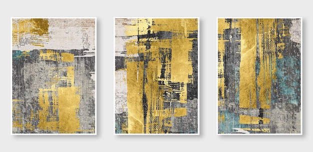 Eine Serie von drei abstrakten Gemälden formt den goldenen Hintergrund Die Mode der modernen Kunstwand