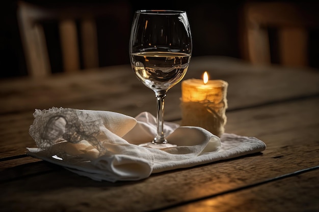 Eine Serviette auf einem Holztisch mit einem Glas Wein und einer Kerze im Hintergrund