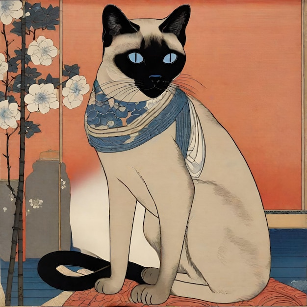 Eine Siamese-Katzenillustration im japanischen Ukiyo-e-Stil