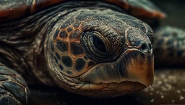 Eine sich langsam bewegende Schildkröte kriecht auf dem Riff und ihr robuster Panzer schützt sie, erzeugt durch künstliche Intelligenz