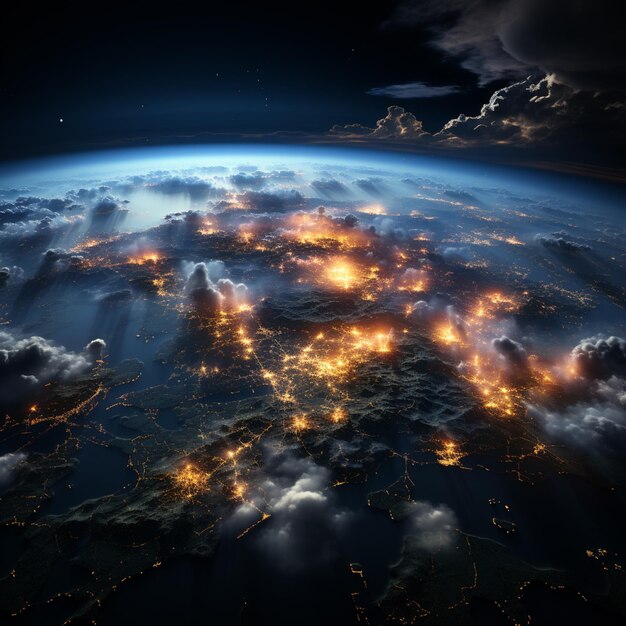 eine Sicht auf die Erde in der Nacht mit Wolken und Lichtern generative ai