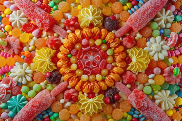 Eine Sicht von oben auf ein faszinierendes Mosaik aus farbenfrohen Süßigkeiten, die einen lebendigen Hintergrund bilden