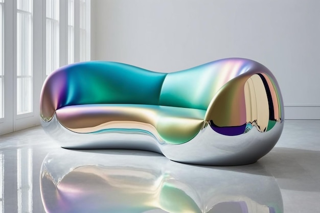 Eine silber-blaue Couch mit Regenbogendesign.