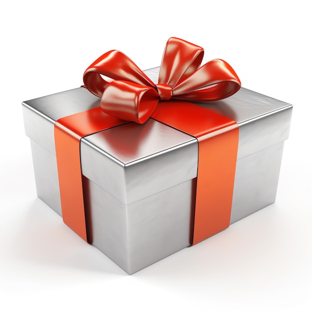 Eine silberne Geschenkbox mit einer roten Schleife und einer Schleife.