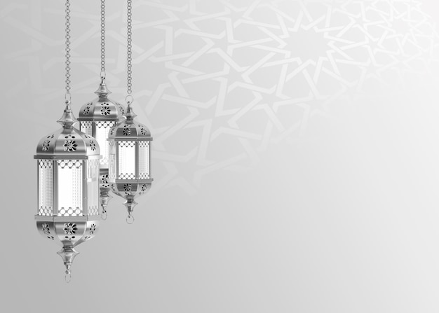 Eine silberne Lampe mit arabischem Text, der Ramadan sagt, islamischer Ramadan-Grußhintergrund